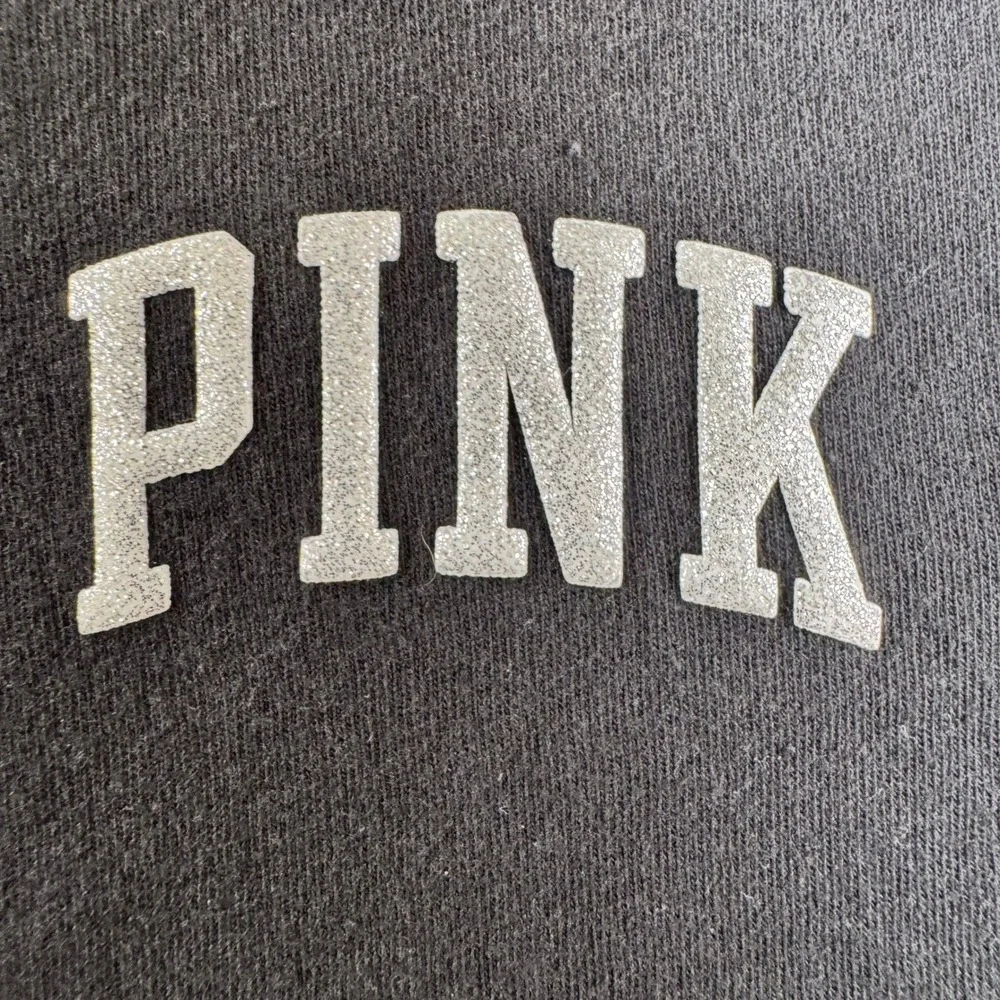 PINK Victoria's Secret Black Glitter Logo Hooded Long Sleeve Tee Shirt Womens S - Picture 2 of 14